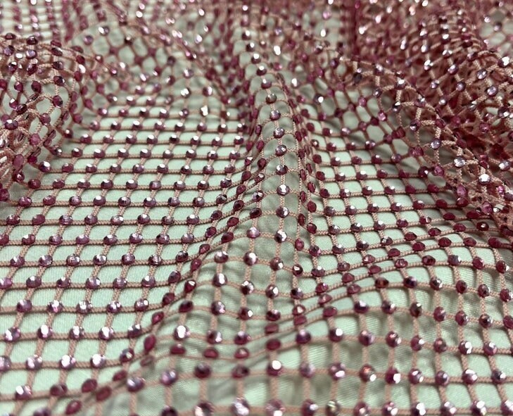 RHINESTONES - High Fashion - Rhinestones On Soft Stretch Fish Net Fabric 45" Wide -Sold by The Yard. Blush Pink