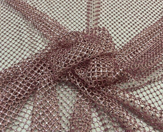 RHINESTONES - High Fashion - Rhinestones On Soft Stretch Fish Net Fabric 45" Wide -Sold by The Yard. Blush Pink