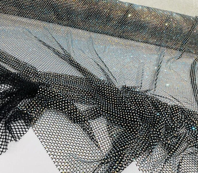 RHINESTONES - High Fashion - Rhinestones On Soft Stretch Fish Net Fabric 45" Wide -Sold by The Yard. Black