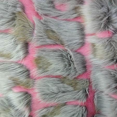 PINK/GRAY - Faux Fur Brick Rectangle Long Pile Fur Fabric / Sold By Yard -For Blankets Fashion Clothing Coats - Scarfs Rugs Crafts Decor