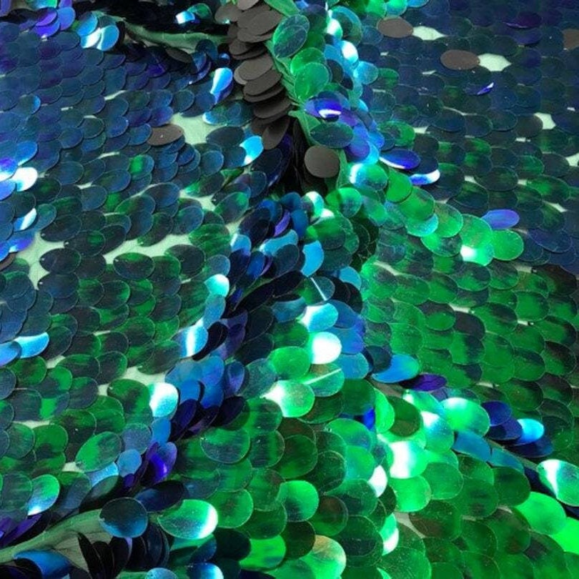 JUMBO TEARDROP -  Jumbo Stretch Mesh 2 Way - PEACOCK - Sold By The Yard - Tear Drop Mermaid Jumbo Sequins Fabric On a Mesh Fabric Iridescent