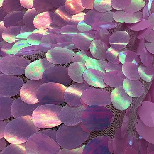 JUMBO TEARDROP -  Jumbo Stretch Mesh 2 Way - LAVENDER - Sold By The Yard - Tear Drop Mermaid Jumbo Sequins Fabric On a Mesh Fabric