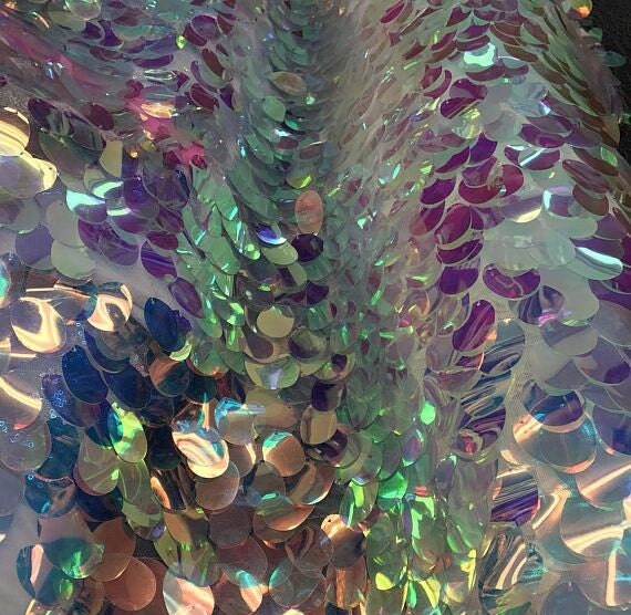 JUMBO TEARDROP -  Jumbo Stretch Mesh 2 Way - CLEAR - Sold By The Yard - Tear Drop Mermaid Jumbo Sequins Fabric On a Mesh Fabric Iridescent