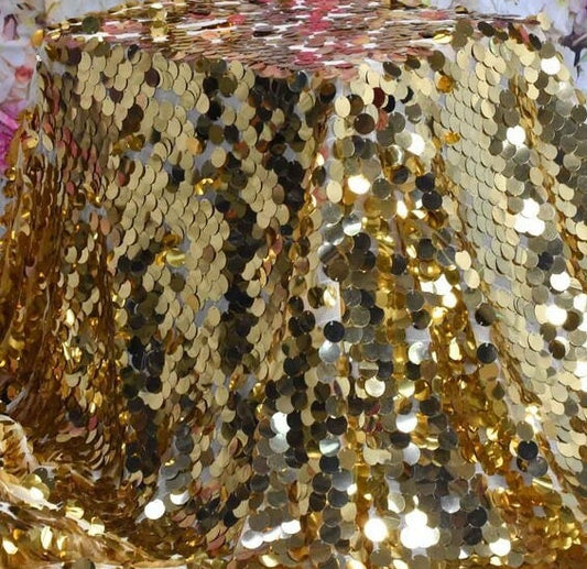 BIG PAILLETTE - GOLD - Sequin Fabric - Big Round Paillette on Stretch Mesh Base 2  Way Stretch - Sold By Yard. Mermaid Sequin Fabric Fashion