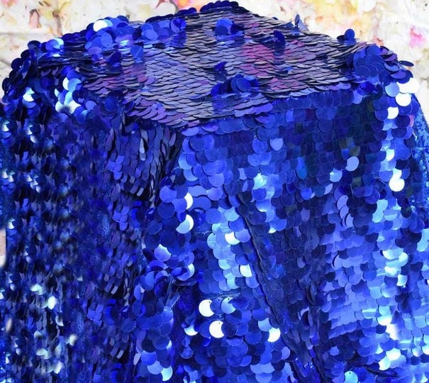 BIG PAILLETTE - ROYAL - Sequin Fabric - Big Round Paillette on Stretch Mesh Base 2  Way Stretch - Sold By Yard Mermaid Sequin Fabric Fashion