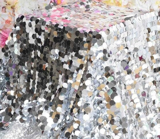 BIG PAILLETTE - SILVER - Sequin Fabric Big Round Paillette on Stretch Mesh Base 2  Way Stretch - Sold By Yard. Mermaid Sequin Fabric Fashion