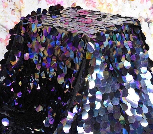 JUMBO TEARDROP -  Jumbo Stretch Mesh 2 Way - BLACK - Sold By The Yard - Tear Drop Mermaid Jumbo Sequins Fabric On a Mesh Fabric Iridescent