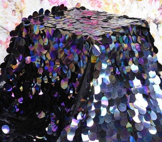 JUMBO TEARDROP -  Jumbo Stretch Mesh 2 Way - BLACK - Sold By The Yard - Tear Drop Mermaid Jumbo Sequins Fabric On a Mesh Fabric Iridescent