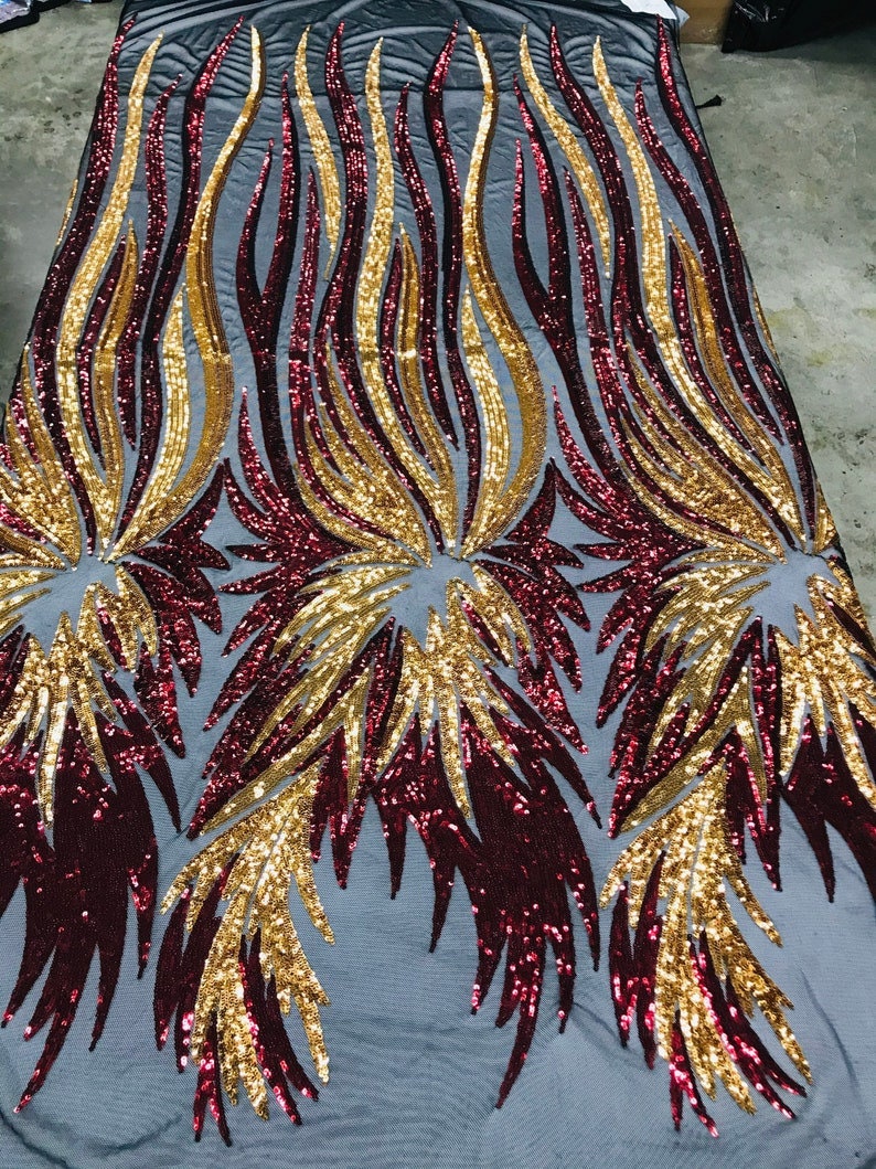 PEACOCK FEATHERS -  Peacock Feathers Fashion Design with Sequins Embroider on a 4 Way Stretch Mesh Fabric-Sold by The Yard. Gold/Burgundy