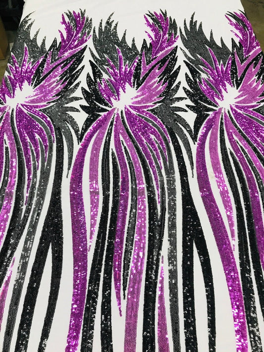 PEACOCK FEATHERS -  Peacock Feathers Fashion Design with Sequins Embroider on a 4 Way Stretch Mesh Fabric-Sold by The Yard. Black/Purple