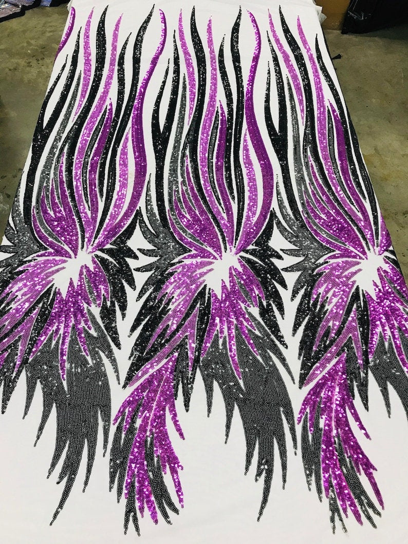 PEACOCK FEATHERS -  Peacock Feathers Fashion Design with Sequins Embroider on a 4 Way Stretch Mesh Fabric-Sold by The Yard. Black/Purple