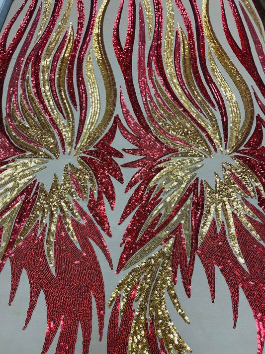 PEACOCK FEATHERS -  Peacock Feathers Fashion Design with Sequins Embroider on a 4 Way Stretch Mesh Fabric-Sold by The Yard. Red/Gold