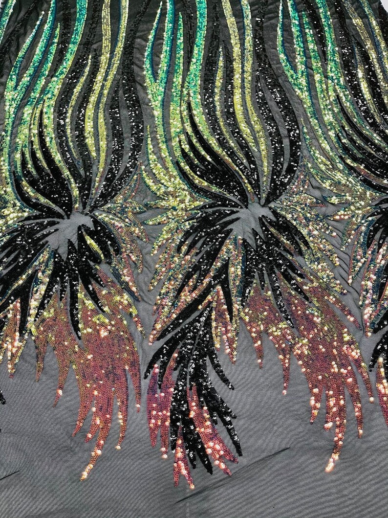 PEACOCK FEATHERS -  Peacock Feathers Fashion Design with Sequins Embroider on a 4 Way Stretch Mesh Fabric-Sold by The Yard. Rainbow/Black