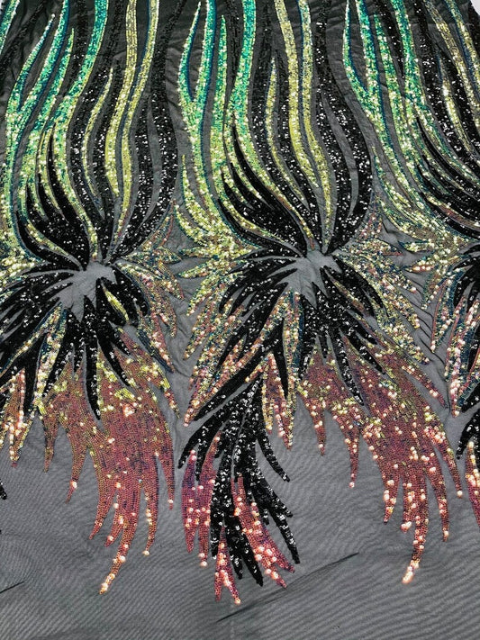 PEACOCK FEATHERS -  Peacock Feathers Fashion Design with Sequins Embroider on a 4 Way Stretch Mesh Fabric-Sold by The Yard. Rainbow/Black