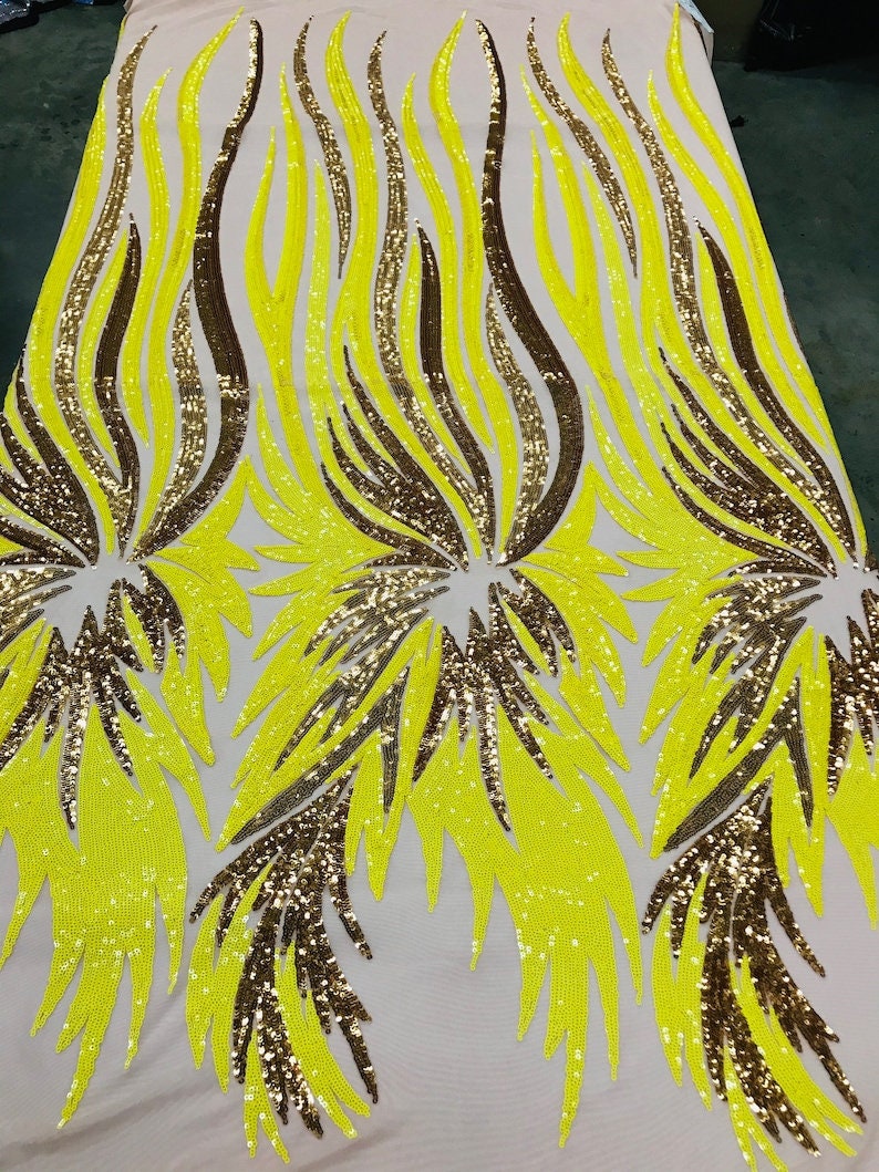 PEACOCK FEATHERS -  Peacock Feathers Fashion Design with Sequins Embroider on a 4 Way Stretch Mesh Fabric-Sold by The Yard. Yellow/Gold