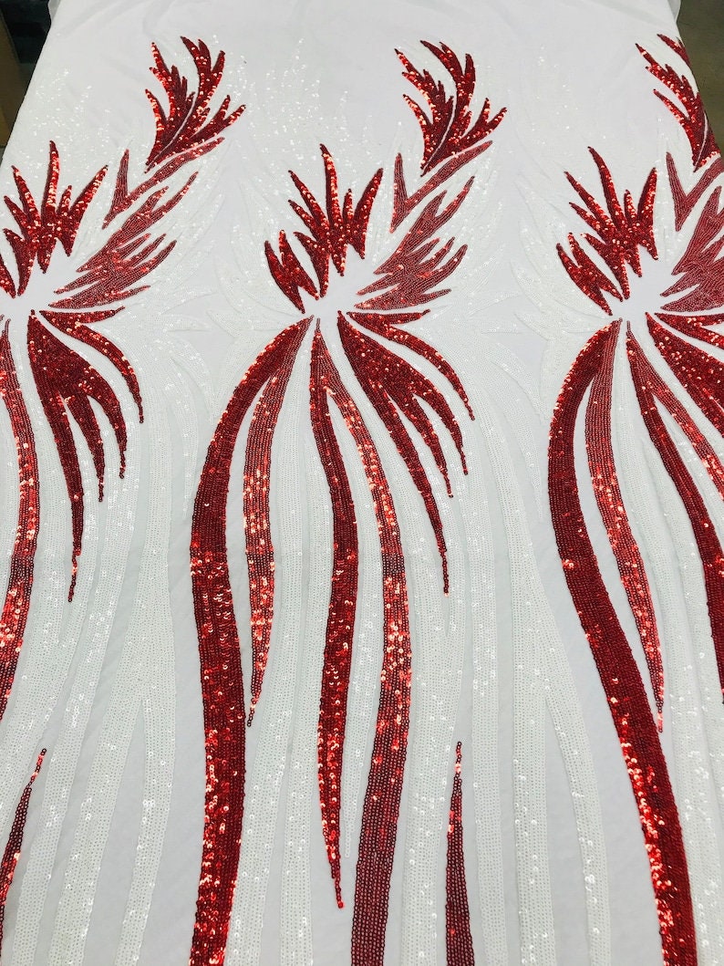 PEACOCK FEATHERS -  Peacock Feathers Fashion Design with Sequins Embroider on a 4 Way Stretch Mesh Fabric-Sold by The Yard. White/Red