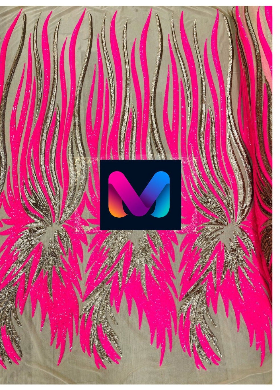 PEACOCK FEATHERS -  Peacock Feathers Fashion Design with Sequins Embroider on a 4 Way Stretch Mesh Fabric-Sold by Yard. Hot Pink/ Gold Matte