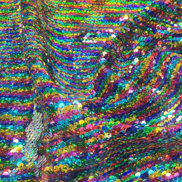 Flip Sequin Fabric Mermaid Reversible Sequin Fabric - RAINBOW/SILVER - Fabric Sequin Fabric for Sewing  By The Yard -Evening Dress Party