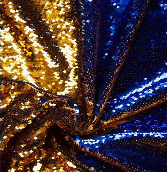 Flip Sequin Fabric Mermaid Reversible Sequin Fabric - ROYAL/GOLD - Fabric Sequin Fabric for Sewing  By The Yard -Evening Dress Party