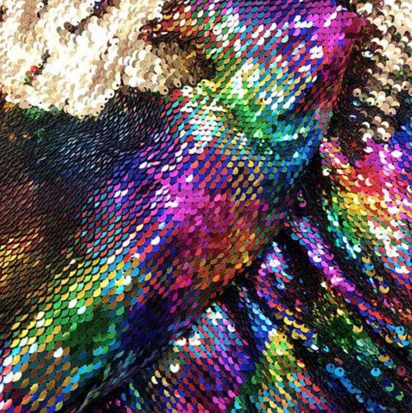 Flip Sequin Fabric Mermaid Reversible Sequin Fabric - RAINBOW/GOLD - Fabric Sequin Fabric for Sewing  By The Yard -Evening Dress Party