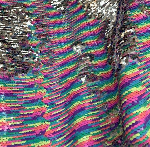 Flip Sequin Fabric Mermaid Reversible Sequin Fabric - PASTEL - RAINBOW/SILVER- Fabric Sequin Fabric for Sewing  By The Yard -Evening Dress