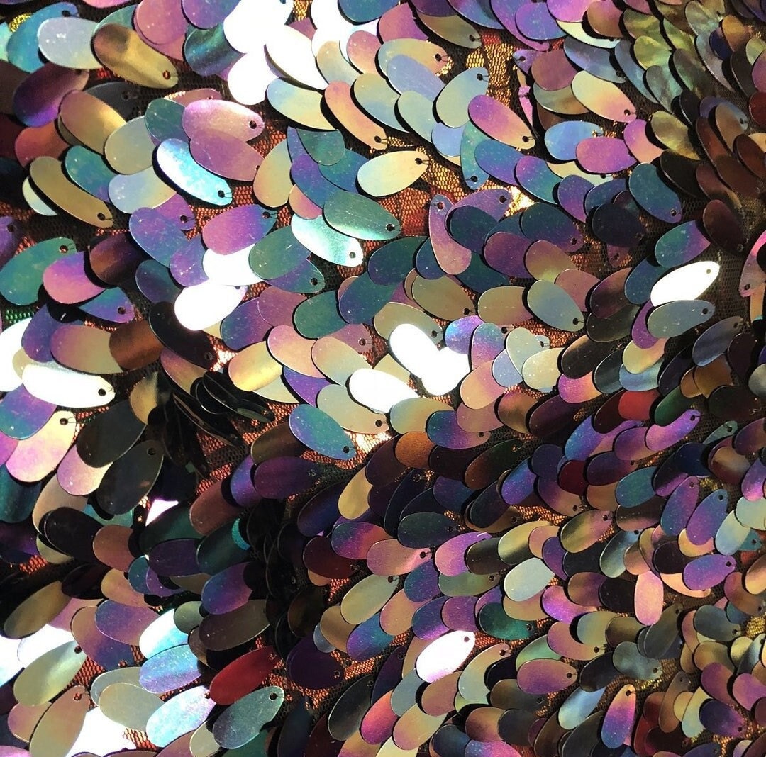 OVAL TEAR DROP  - Iridescent Oval Tear Mini Drop Sequins on Stretch Mesh 2 Way Stretch Sold By Yard Mermaid Sequin Fabric Fashion Black