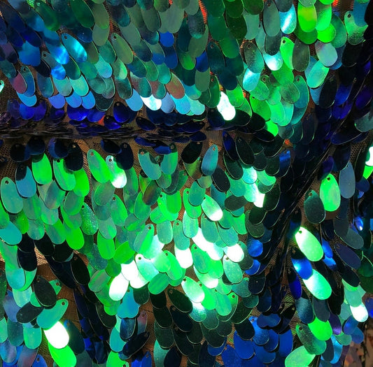 OVAL TEAR DROP  - Iridescent Oval Tear Mini Drop Sequins on Stretch Mesh 2 Way Stretch Sold By Yard Mermaid Sequin Fabric Fashion Green