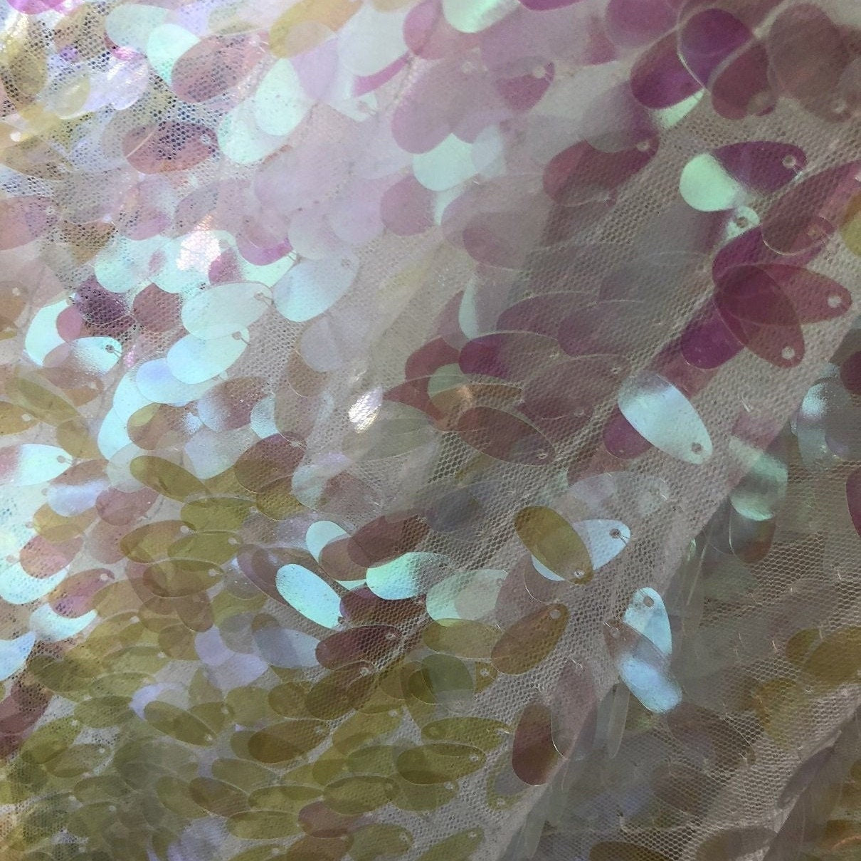 OVAL TEAR DROP  - Iridescent Oval Tear Mini Drop Sequins on Stretch Mesh 2 Way Stretch Sold By Yard Mermaid Sequin Fabric Fashion Clear Pink