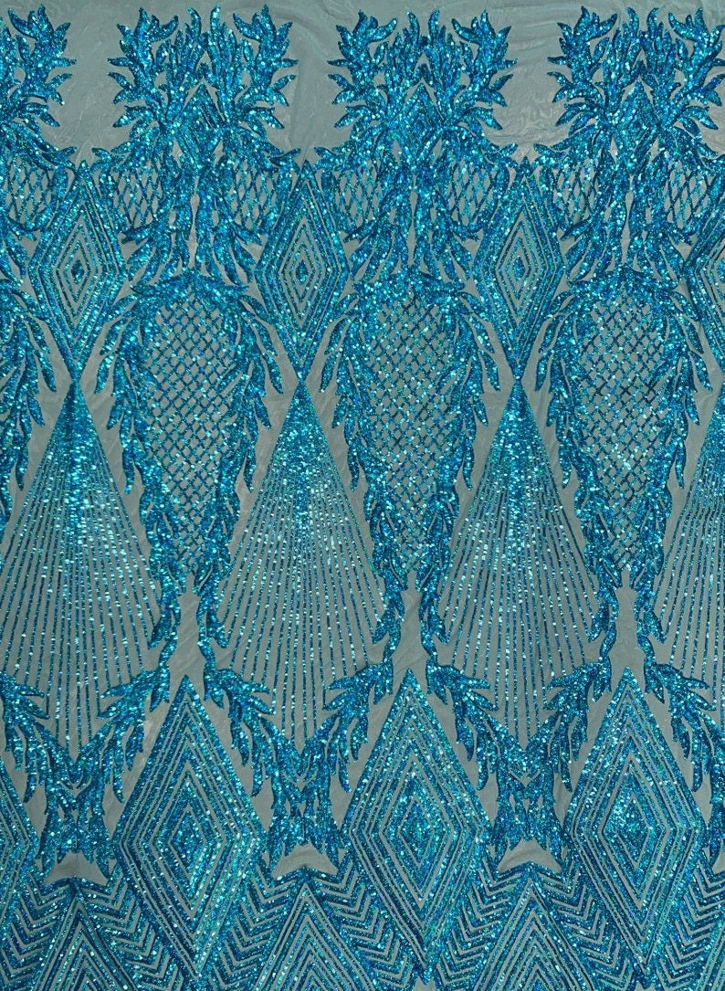 TURQUOISE -  DIAMOND - Fashion Design with Sequins Embroider on 4 Way Stretch Mesh Fabric-Sold by Yard. For Evening Dress Prom Quinceanera