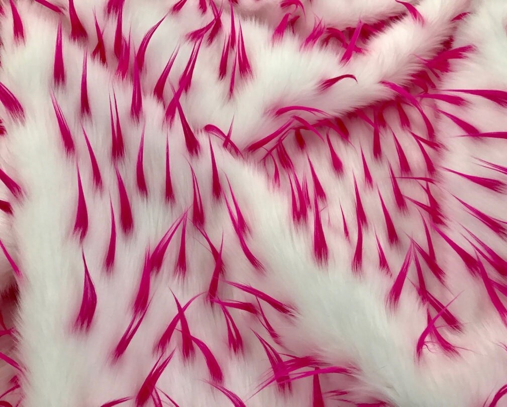 FUCHSIA - On WHITE - 2 Tone Spiked Shaggy Long Pile Fabric / Sold by The Yard - For Blankets Fashion Clothing Coats