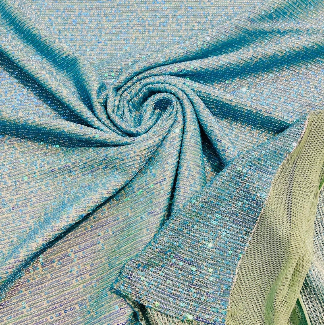 IRIDESCENT CHAIN - Designers Chain Shiny Sequins Design On a 4 Way Stretch Mesh Fabric - TURQUOISE - Sold By The Yard