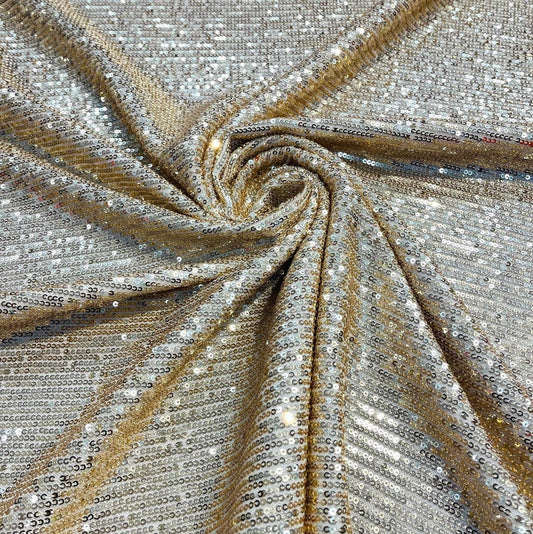 SHINY CHAIN - Designers Chain Shiny Sequins Design On a 4 Way Stretch Mesh Fabric - GOLD - Sold By The Yard