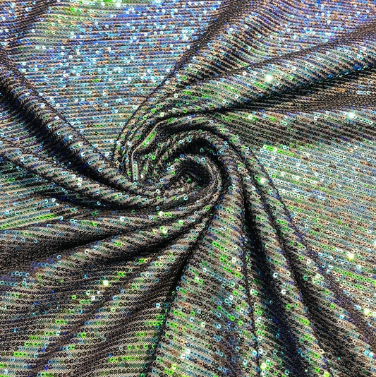 IRIDESCENT CHAIN - Designers Chain Shiny Sequins Design On a 4 Way Stretch Mesh Fabric - GREEN - Sold By The Yard