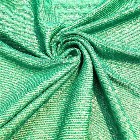 SHINY CHAIN - Designers Chain Shiny Sequins Design On a 4 Way Stretch Mesh Fabric - GREEN - Sold By The Yard