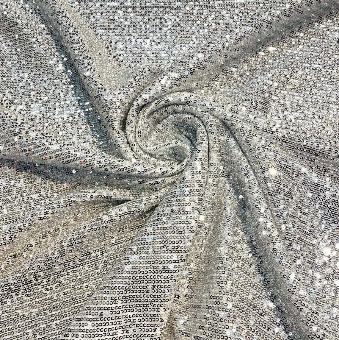 SHINY CHAIN - Designers Chain Shiny Sequins Design On a 4 Way Stretch Mesh Fabric - SILVER - Sold By The Yard