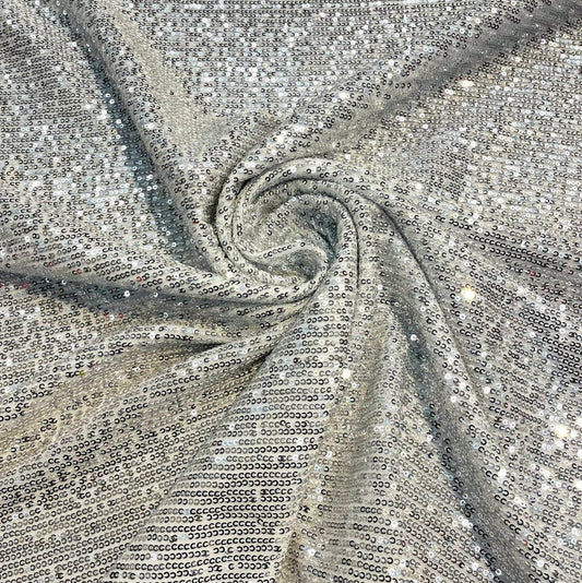 SHINY CHAIN - Designers Chain Shiny Sequins Design On a 4 Way Stretch Mesh Fabric - SILVER - Sold By The Yard