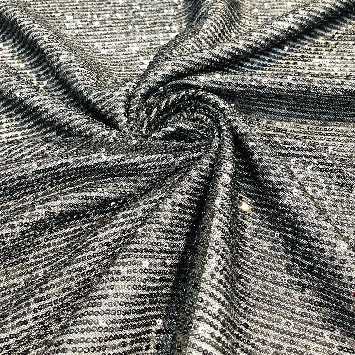 SHINY CHAIN - Designers Chain Shiny Sequins Design On a 4 Way Stretch Mesh Fabric - BLACK - Sold By The Yard