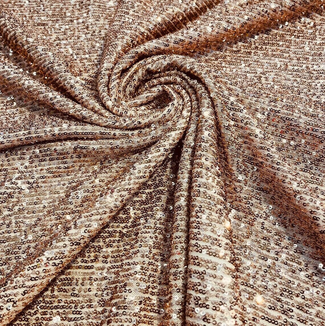 SHINY CHAIN - Designers Chain Shiny Sequins Design On a 4 Way Stretch Mesh Fabric - ROSEGOLD - Sold By The Yard