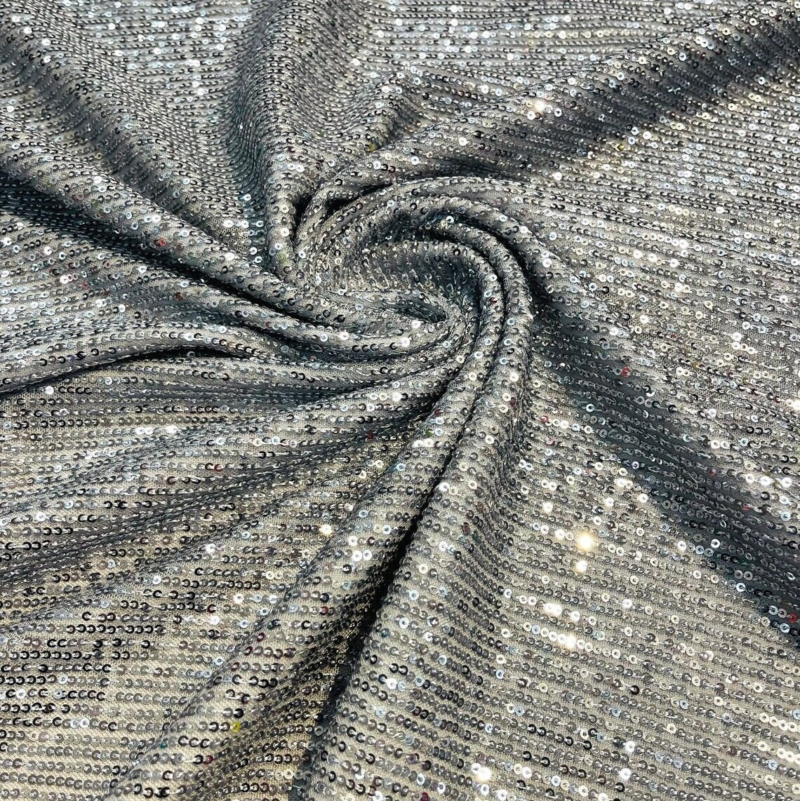 SHINY CHAIN - Designers Chain Shiny Sequins Design On a 4 Way Stretch Mesh Fabric - GRAY - Sold By The Yard