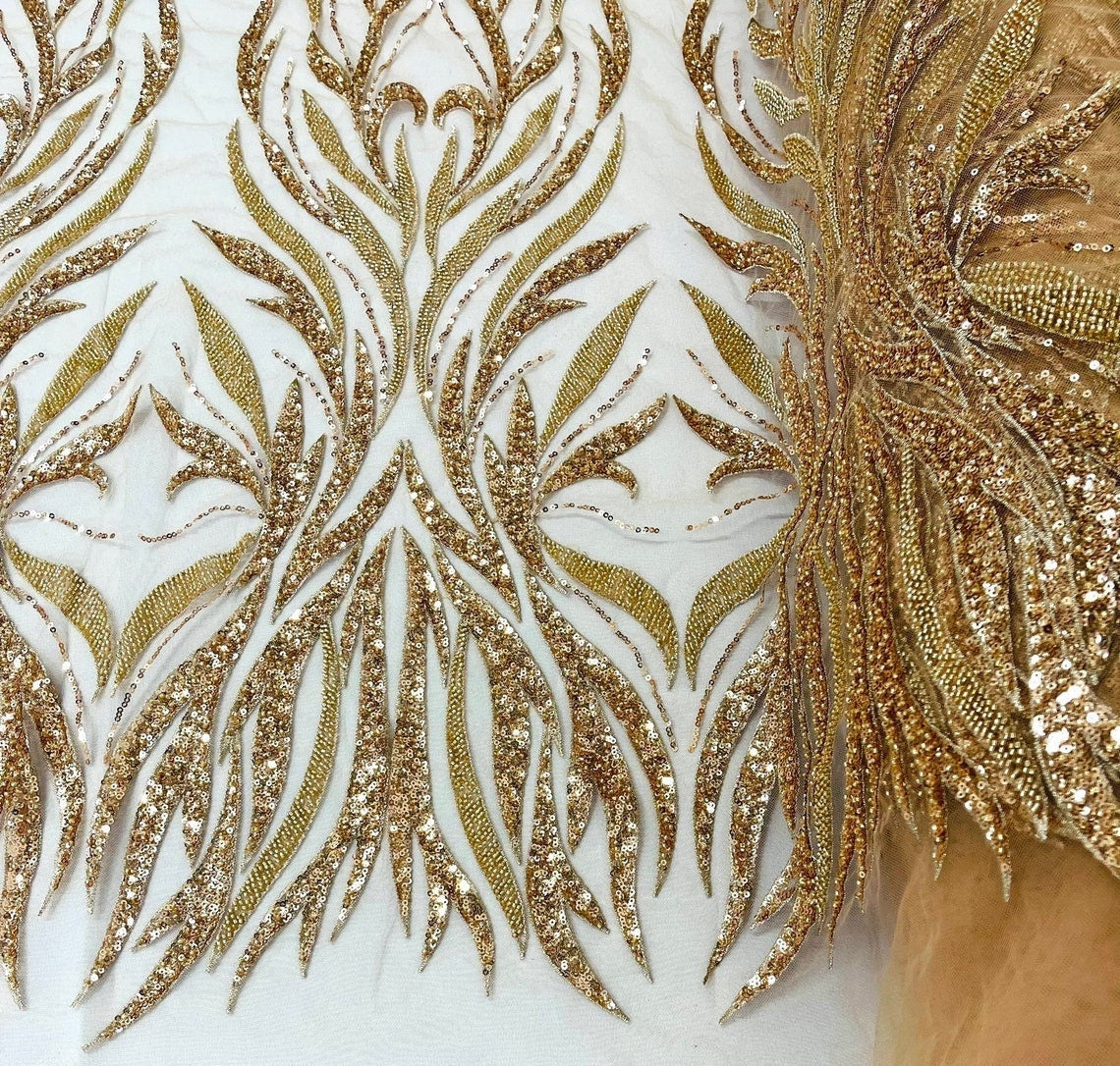 FLAMES FEATHER-  Designs Embroider with Sequins and Heavy Beaded on a Mesh Lace Fabric-Sold By The Yard - ROSEGOLD