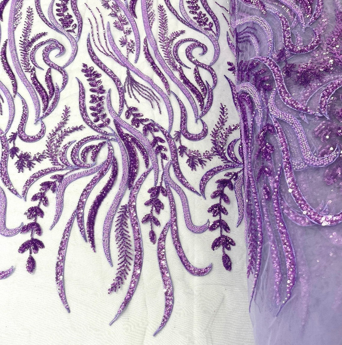 FEATHER-  Designs Embroider with Sequins and Heavy Beaded on a Mesh Lace Fabric - Sold By The Yard - LAVENDER