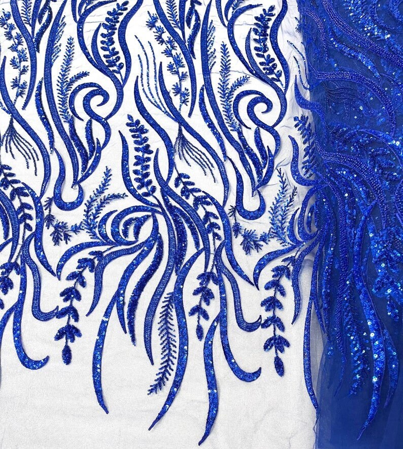 FEATHER-  Designs Embroider with Sequins and Heavy Beaded on a Mesh Lace Fabric - Sold By The Yard - ROYALBLUE