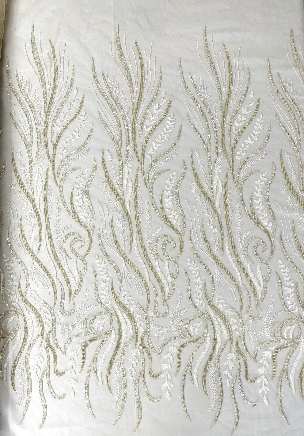 FEATHER-  Designs Embroider with Sequins and Heavy Beaded on a Mesh Lace Fabric - Sold By The Yard - BEIGE