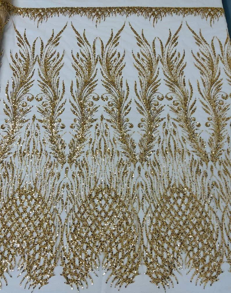 LUXURY FEATHER-  Designs Embroider with Sequins and Heavy Beaded on a Mesh Lace Fabric - Sold By The Yard - GOLD