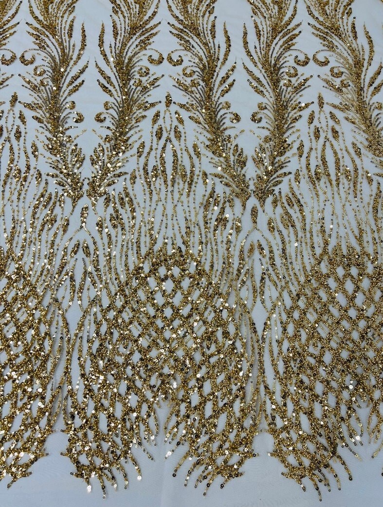 LUXURY FEATHER-  Designs Embroider with Sequins and Heavy Beaded on a Mesh Lace Fabric - Sold By The Yard - GOLD