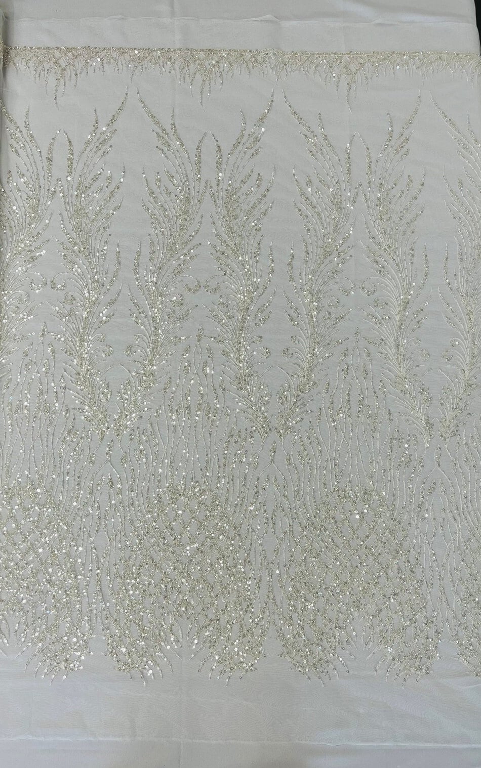 LUXURY FEATHER-  Designs Embroider with Sequins and Heavy Beaded on a Mesh Lace Fabric - Sold By The Yard - OFFWHITE