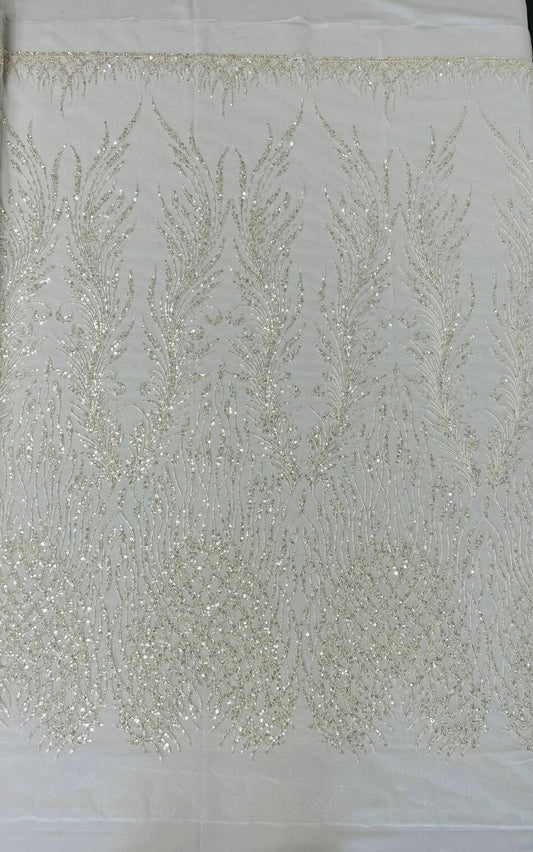 LUXURY FEATHER-  Designs Embroider with Sequins and Heavy Beaded on a Mesh Lace Fabric - Sold By The Yard - OFFWHITE