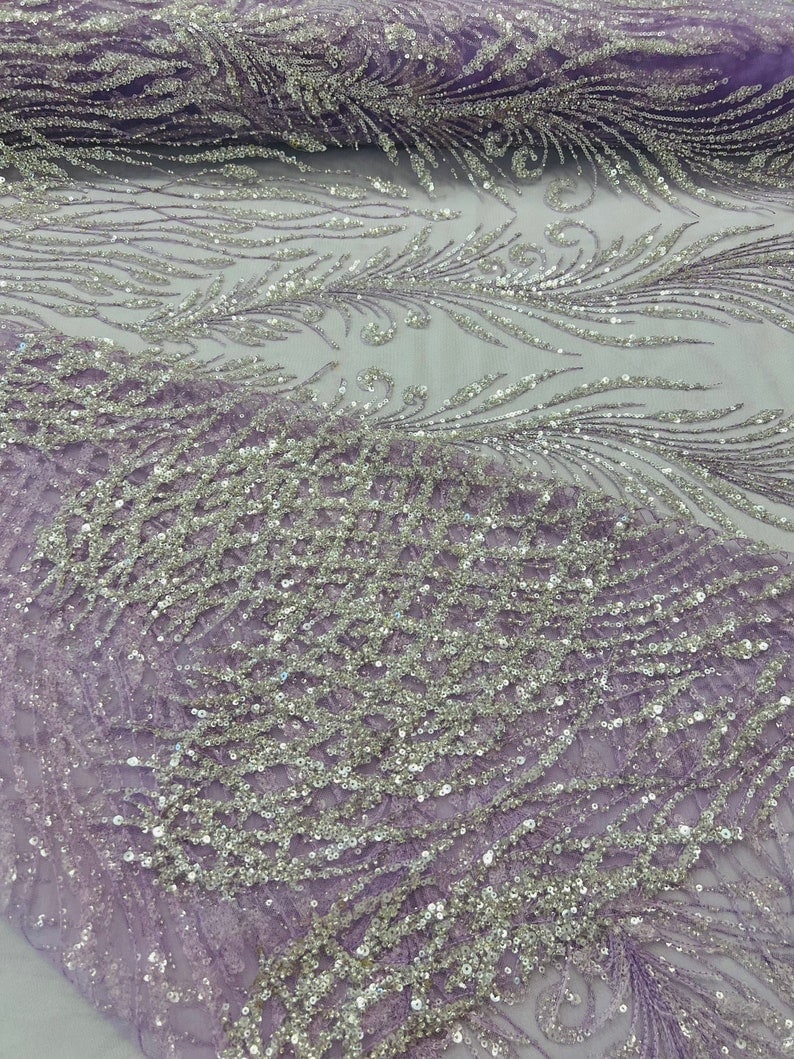 LUXURY FEATHER-  Designs Embroider with Sequins and Heavy Beaded on a Mesh Lace Fabric - Sold By The Yard - LILAC