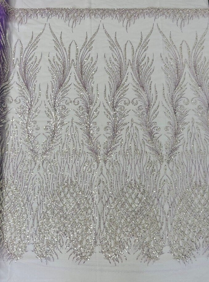 LUXURY FEATHER-  Designs Embroider with Sequins and Heavy Beaded on a Mesh Lace Fabric - Sold By The Yard - LILAC