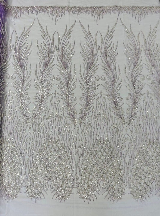 LUXURY FEATHER-  Designs Embroider with Sequins and Heavy Beaded on a Mesh Lace Fabric - Sold By The Yard - LILAC